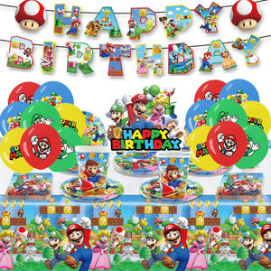 Juego de <span class=keywords><strong>Mario</strong></span> <span class=keywords><strong>Bros</strong></span> SUPER MARl * Fiesta de cumpleaños Vajilla Niños Feliz cumpleaños Banner Cake Toppers Globos Cuchara Tenedor Platos Tazas - Product Image 1