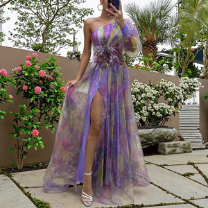 Elegante <span class=keywords><strong>Vestido</strong></span> de Fiesta Formal, <span class=keywords><strong>Vestido</strong></span> de Gala con un Hombro Descubierto y Estampado Tie-Dye, con Mangas Abullonadas de Malla y Abertura Lateral, <span class=keywords><strong>Vestido</strong></span> de Noche para Mujer - Product Image 1