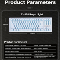Clavier mécanique ZORNHER ZH870 Rose Royal Lumineux 88 touches RVB rétroéclairé Hot-Swap USB Type-C Sans fil Tri-mode Programmable pour Gaming et Bureau
