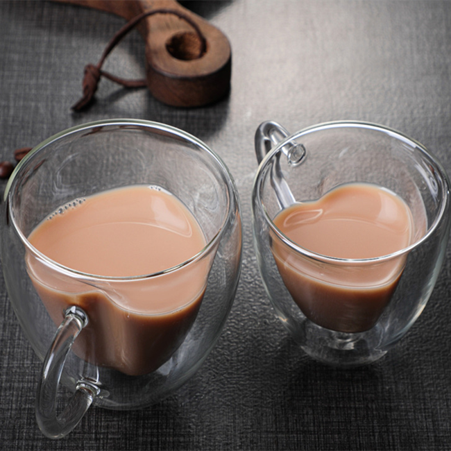 Taza de café en forma de corazón de doble pared, vaso de vidrio personalizado con forma de corazón para agua, leche, zumo, amor