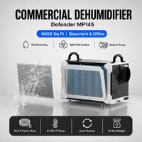 Déshumidificateur industriel Defender MP145 155 pintes 73L avec pompe de vidange, détection automatique des erreurs, capacité de stockage de 6000 pieds carrés, 64 livres
