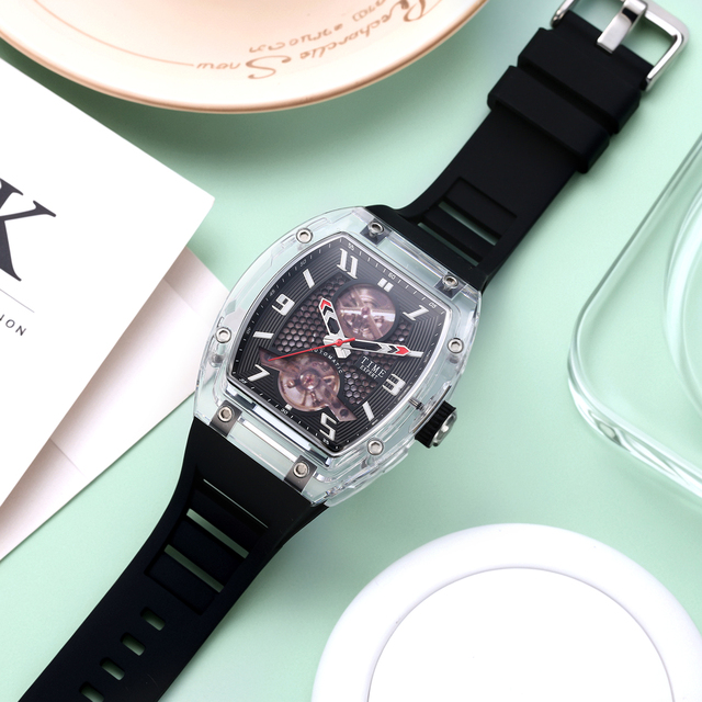 OEM Men's Sport and Fashion Mechanical Watch with Transparent Square Case Glass Dial Window and Silicone Band Pointer Display
