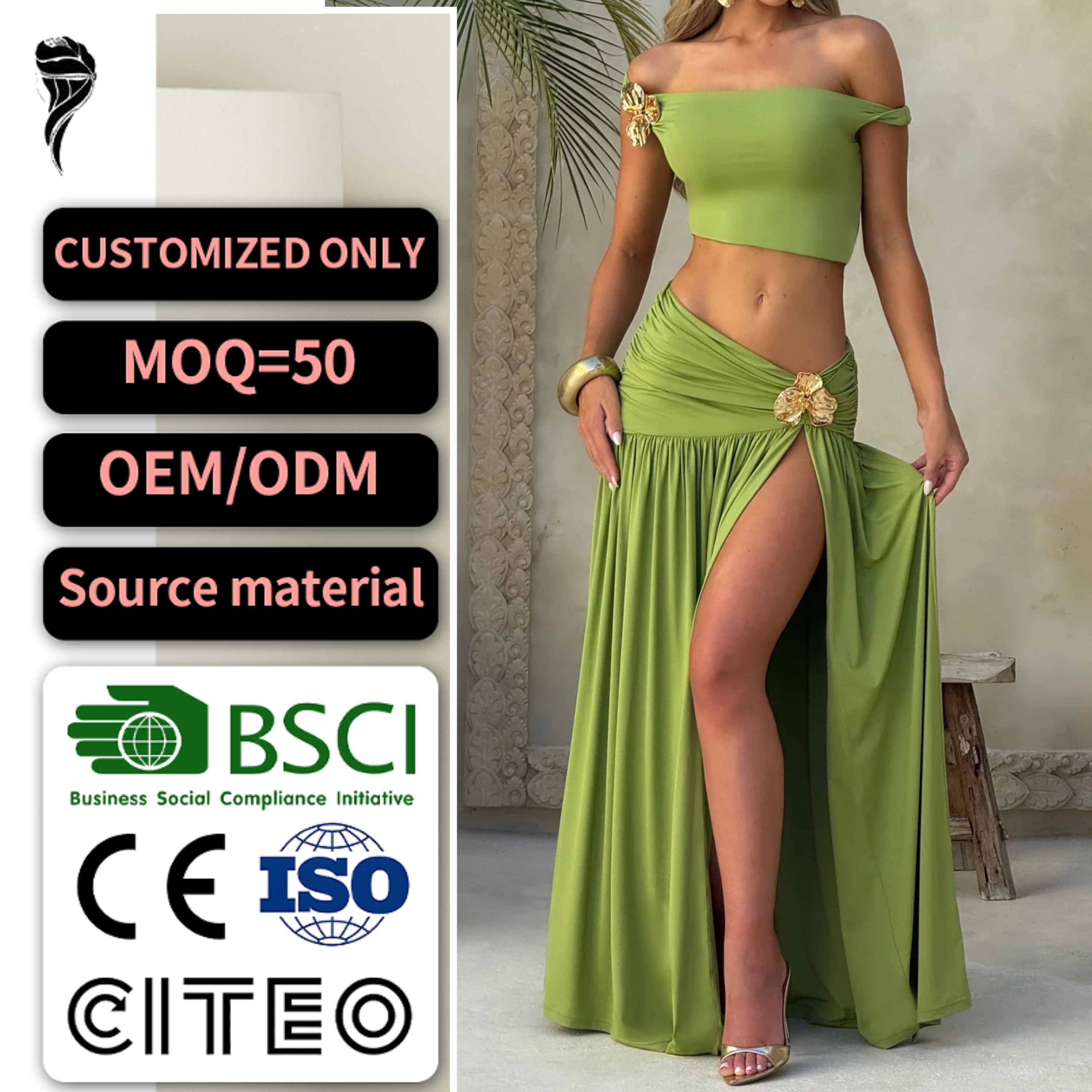 OEM Ladies Solid Stretch Knit Two Piece Outfit Asymmetrical Off Shoulder Crop Top Side Slit Ruched Long Skirt Set for Women · image 1