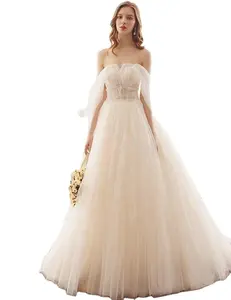 Vestido de novia con hombros descubiertos sin tirantes, apliques de encaje con cuentas de princesa, corsé de corte en A, vestido de novia de último diseño, 5552