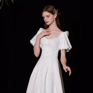 French Style Wedding Dress A-Line Square Neck Beaded Chiffon White Long Dress For Bride Engagement - Product Image 4