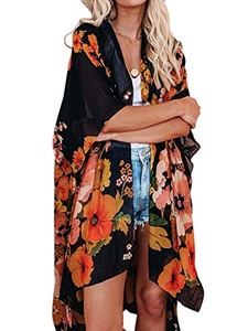 <span class=keywords><strong>Kimono</strong></span> <span class=keywords><strong>cardigan</strong></span> en mousseline de soie respirante à fleurs pour femmes, vêtements de plage d'été avec manches chauve-souris - Product Image 1