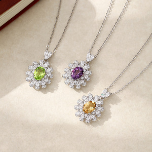 Collier pendentif fleur en pierre précieuse colorée ovale 6*8mm, vente en gros, 9 pièces, pierre naturelle, argent sterling 925, bijoux fins - Product Image 3