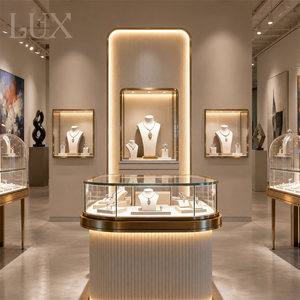 Vitrine à bijoux incurvée moderne avec éclairage LED, en verre trempé robuste et métal, pour magasin de bijoux - Product Image 1