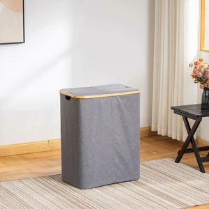 Cesto de Ropa Plegable de Bambú con Doble Sección y Tapa para Organización de Lavandería en el Dormitorio - Product Image 2