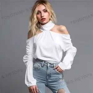 Top court surdimensionné pour femmes, chemisiers personnalisés à manches longues, Top épissé Sexy à col haut, chemises/Blouse de couleur unie