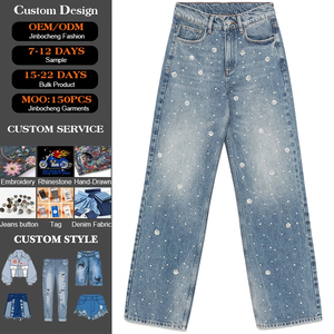 Jeans Personalizzati a Vita Media con Perle e Decorazioni Floreali, <span class=keywords><strong>Pantaloni</strong></span> in Denim Casual da Donna 100% Cotone, Prezzo di Fabbrica - Product Image 1