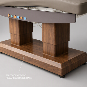 Table de soin électrique réglable beige en cuir matelassé avec poteaux en bois pour spa, massage, soins du visage et salon, commande à 6 boutons - Product Image 6