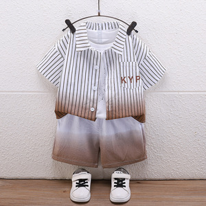 LURI 2025 Nouveauté Ensemble d'été décontracté trois pièces pour garçons, chemise à manches courtes rayée verticale et short en tissu peigné pour bébé - Product Image 2
