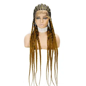38 Inches 11 Braids Lace Full Cornrows Braided Wigs Synthetic Middle Part With Baby Hair Wig For Black Women