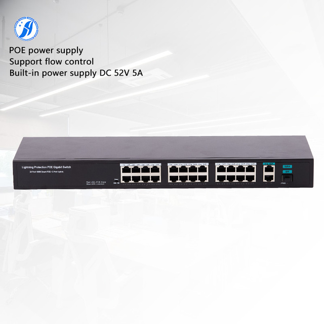 HUAYU 24+2+1 Gigabit POE Switch 24 PoE Ports 28Gbps Capacity Fast Data Transmission Smart Building Automation Systems Uplink 2