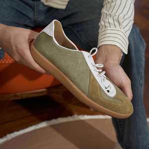 Baskets d'entraînement allemandes rétro décontractées en cuir pleine fleur, color-block, à lacets, pour l'été, à bout carré et antidérapantes - Product Image 1