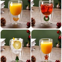 Gelas Kaca Borosilikat Dinding Ganda Motif Pohon Natal, Tiup Manual 250ml, Tahan Panas, Ramah Lingkungan, Aman untuk Mesin Cuci Piring, untuk Rumah & Kafe