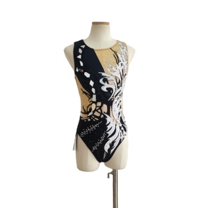 Traje de Natación Sincronizada LIUHUO Negro <span class=keywords><strong>y</strong></span> <span class=keywords><strong>Beige</strong></span> con Patrón de Llamas Abstractas <span class=keywords><strong>y</strong></span> Adornos de Espejo para Niñas, Competición JC366 - Product Image 2