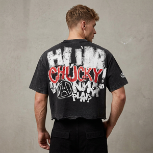 Men's Black Oversized <b>Crop</b> <b>T</b>-<b>Shirt</b> Short Sleeve Printed Graphic O-Neck Street Style Jersey Cotton Chucky Character Design - Product Image 6