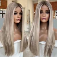 Peluca de cabello humano con encaje Frontal de Color rubio ceniza, cabello humano alineado con cutícula, peluca con encaje frontal recto sedoso sin pegamento para mujer