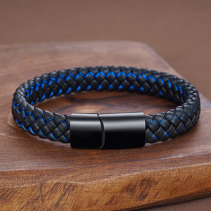 Pulsera de Cuero Tejido con Acero Inoxidable de 21 cm, Cierre Magnético, Regalo para Hombre, Joyería, Patrón Cosido en Negro y Azul - Product Image 2