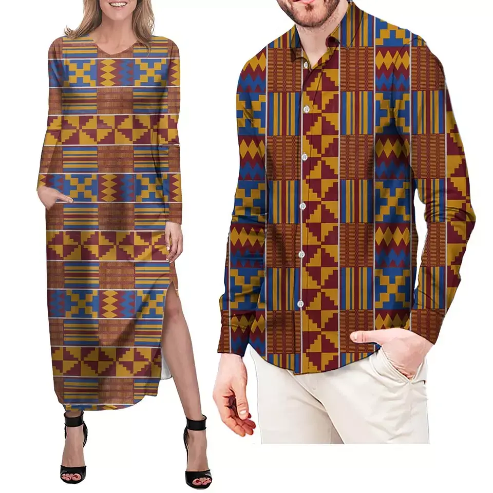 1MOQ Mode Afrikaanse Ontwerp Lange Jurk Kitenge Jurken Afrikaanse Afrika Tribal Mandala Stof Maxi Dames Jurk Bijpassende Mannen Shirt