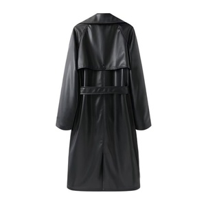 Veste longue coupe-vent en PU pour femme, style simple et élégant, double boutonnage, revers polyvalents, ceinture ample, collection automne 2025 - Product Image 3