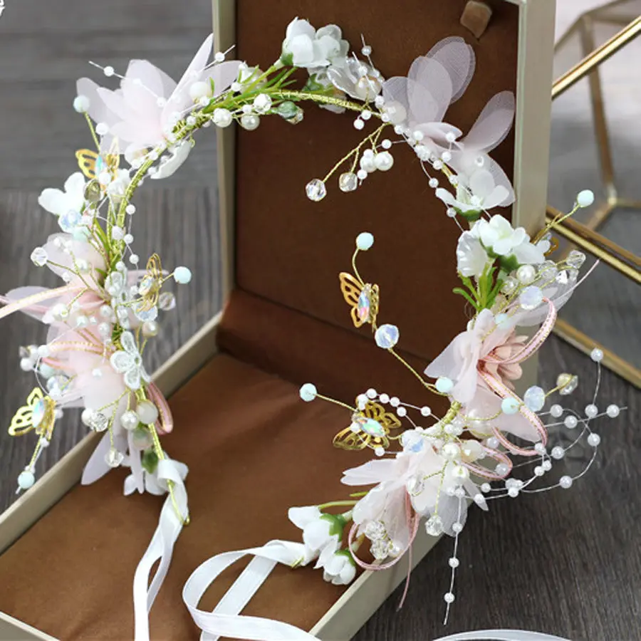 1Pc Women pearl flower head jewelry tiara white pearl leaf wedding headband bridal hair accessories for Bridal Head Ornament