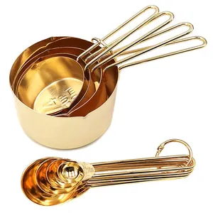 Utensilios de cocina para hornear, tazas medidoras doradas de acero inoxidable, juego de cucharas medidoras, 8 Uds.