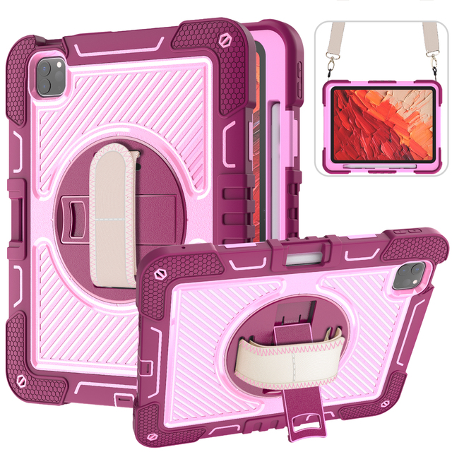 New Style Red Pink Waterproof TPU Silicone+PC Tablet Case for iPad 2024 Pro 11 360 Degree Rotating Wrist Strap Pen Holder