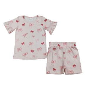GSSO2966 RTS Little Active Girl Pink Red bows Print Outfits Kids Wholesale short sleeve Set Girl Child - Product Image 1