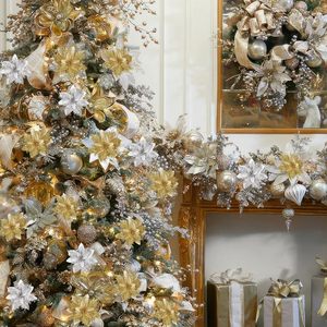 Wholesale 35cm Xmas Supplies <b>Red</b> Gold Silver Artificial <b>Glitter</b> Poinsettia Flowers Christmas Tree Decoration - Product Image 5