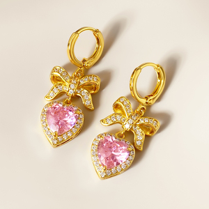 Pendientes de Aro Colgantes con Lazo y Piedra de Corazón Rosa de Circonita Cúbica Chapados en Oro para Mujer, al por Mayor, de Moda - Product Image 4