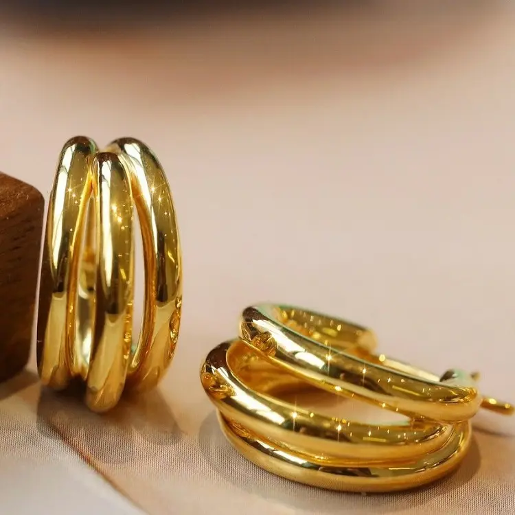 Spot Anting Berlapis Emas 18K, Jarum Perak 925, Tiga Lapis, Anting-Anting Hoop Berlapis Emas Bentuk C