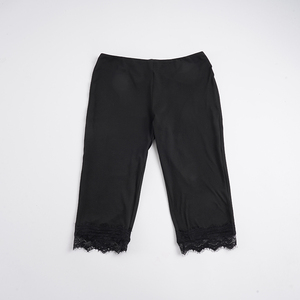 Pantalones de Verano Elegantes y Transpirables de Punto Ajustados con Ribete de Encaje, Color Sólido, Elásticos, Largos hasta la Rodilla para Mujer - Product Image 2