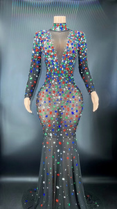 2026年新作卸売 カラフルダイヤモンドメッシュクリスタルラインストーンドレス レディース ブラック シースルー ワンピース プロムパーティードレス - Product Image 5