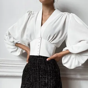 Camisa <span class=keywords><strong>de</strong></span> gasa <span class=keywords><strong>de</strong></span> color sólido informal con cuello en V, <span class=keywords><strong>blusas</strong></span> elegantes plisadas para mujeres jóvenes - Product Image 6