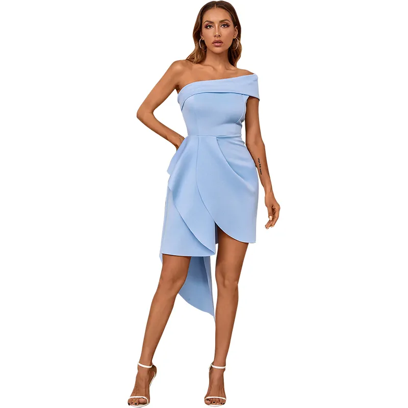 One Shoulder Sky Blue Dress Sexy Short Party Dresses For Women Pleated Slim Fit Bandage Draped Dress