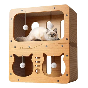 Großhandel Custom Size Katzen spielzeug Naturholz Katzen haus & Scratcher Combo-Abnehmbares Katzen bett mit Karton Scratcher Board - Product Image 2