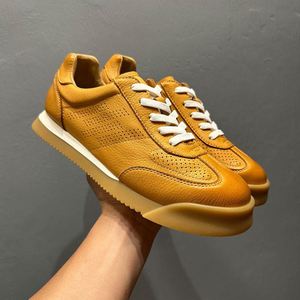 Men's Tan Genuine <b>Leather</b> Striped Running <b>Sneakers</b> Handmade Breathable Lace-up Fashion Trend Comfortable Spring/Autumn/Summer - Product Image 3