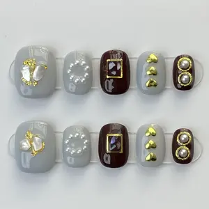 Pearl Handmade Short Gray Women Press On Full Cover Artificial Fake Fingernail Tips Kit Tiny Art 2023 Nails Stickers For Kids
