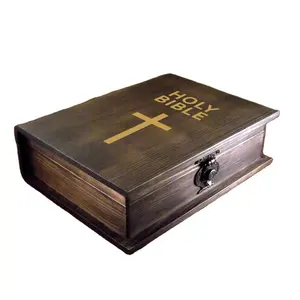 Old style distressed decorative book boxes holy bible container lovers customized pine wooden book shaped gift box