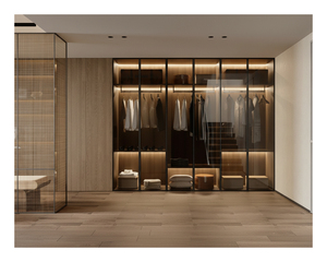 Système de dressing moderne en <span class=keywords><strong>bois</strong></span> de <span class=keywords><strong>noyer</strong></span> avec porte en verre et éclairage LED pour chambre à coucher - Product Image 5