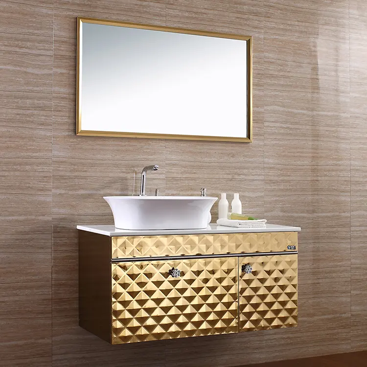 Il bagno di lusso reale classico dell'oro impermeabile compone le unità dell'armadio di vanità con il lavandino singolo del controsoffitto di marmo per i mobili domestici