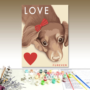 Paint by Numbers Canvas Art Dog With Red Bow Love Forever Cartoon Animal DIY Handmade Digital Printing Rectangle Shape - Product Image 1