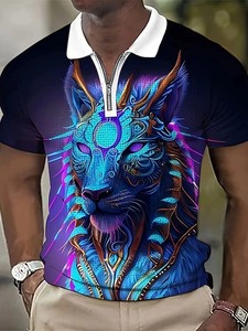 Vendita all'ingrosso da uomo con motivo animale colorato a maniche corte con cerniera stampata 3D - Product Image 4