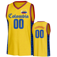 Maillot de basket personnalisé en gros, style drapeau, jaune, 100% polyester, respirant, séchage rapide, sans manches, taille adulte
