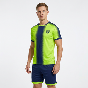 Ensemble de maillot et short de football pour hommes en polyester respirant, impression personnalisée, vert fluorescent, bleu marine, manches courtes - Product Image 1