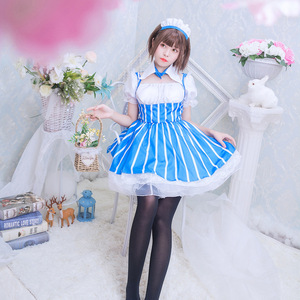 Maid Outfit Blue White Striped Dress Cosplay Costume For Anime Game Role Playing Women Adult Size One Size - Product Image 1