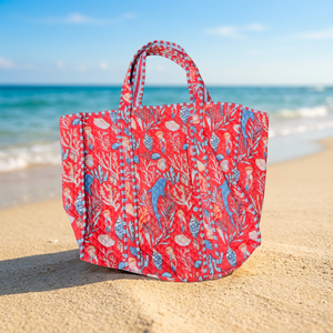 Wholesale Jaipur Hand Block Printed Quilted <b>Handbag</b>, Coral Reef & Seashell Pattern Cotton Tote <b>Bag</b> for Beach & <b>Travel</b> - Product Image 3